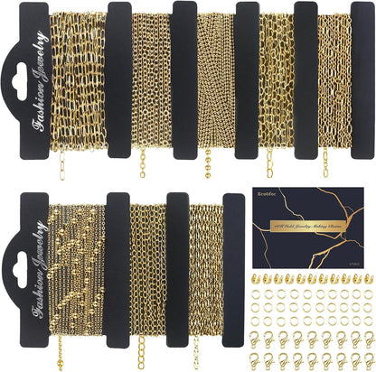 14k Gold Necklace Chain for Jewelry Making, 16.6 Feet Total (5 Rolls) DIY Bracelet Chains with 300 Jump Rings, 50 Lobster Clasps, 1 Jewelry Pliers,1 Support Ring and 50 Pendants