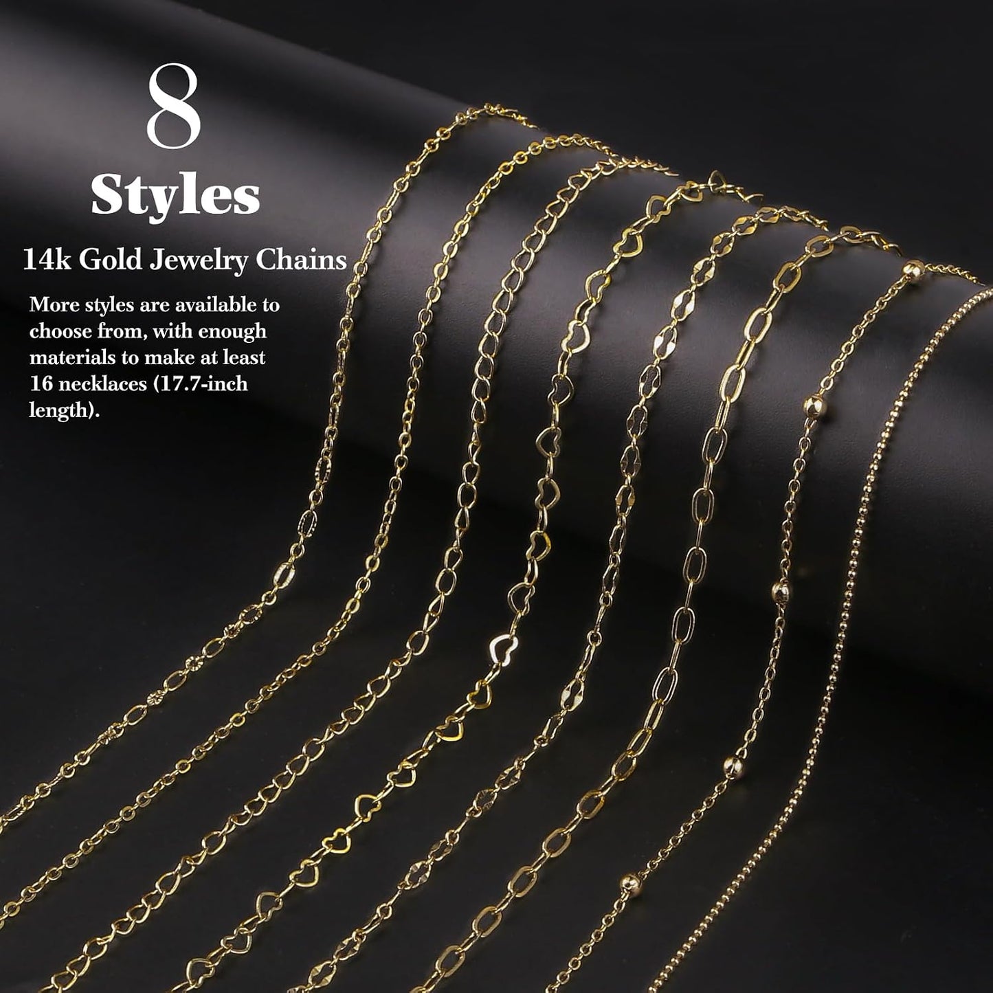 14k Gold Necklace Chain for Jewelry Making, 16.6 Feet Total (5 Rolls) DIY Bracelet Chains with 300 Jump Rings, 50 Lobster Clasps, 1 Jewelry Pliers,1 Support Ring and 50 Pendants