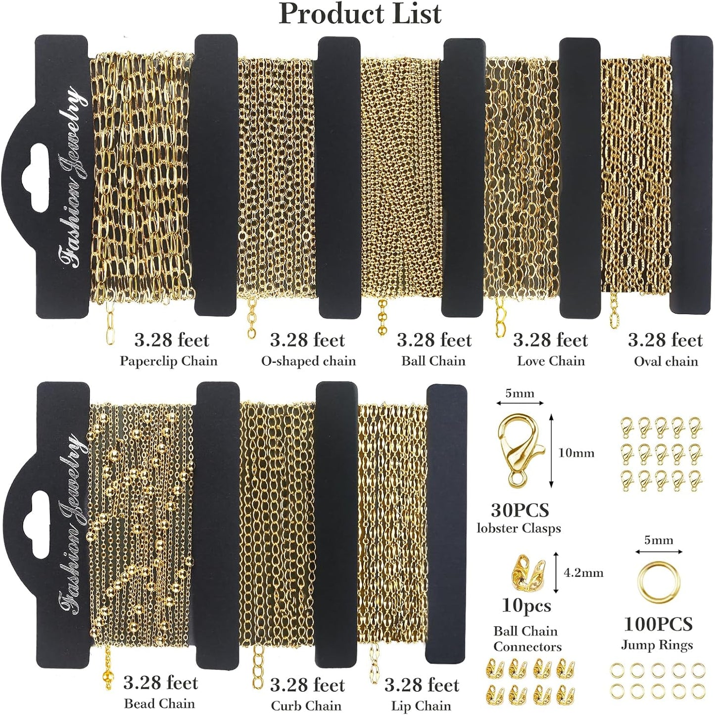14k Gold Necklace Chain for Jewelry Making, 16.6 Feet Total (5 Rolls) DIY Bracelet Chains with 300 Jump Rings, 50 Lobster Clasps, 1 Jewelry Pliers,1 Support Ring and 50 Pendants