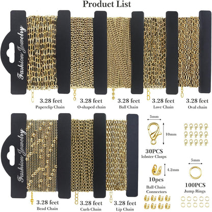 14k Gold Necklace Chain for Jewelry Making, 16.6 Feet Total (5 Rolls) DIY Bracelet Chains with 300 Jump Rings, 50 Lobster Clasps, 1 Jewelry Pliers,1 Support Ring and 50 Pendants