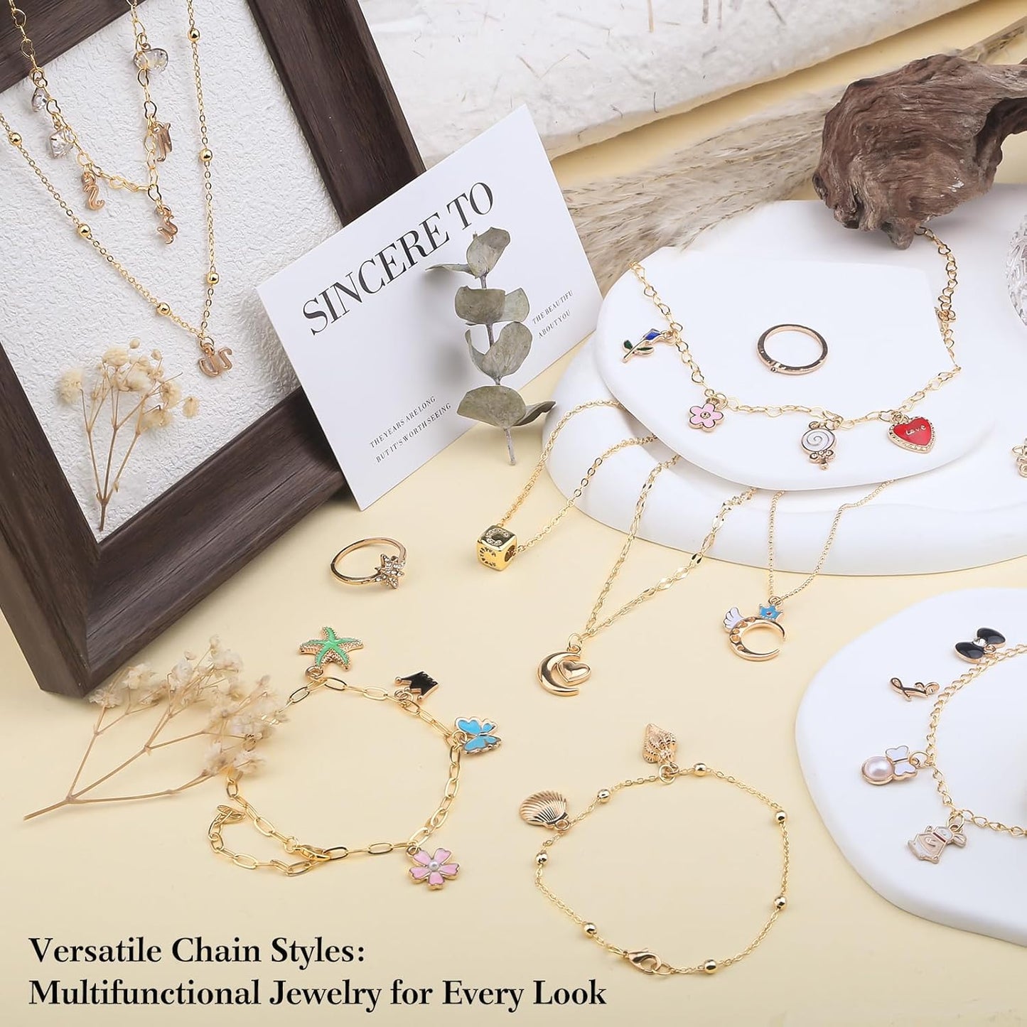 14k Gold Necklace Chain for Jewelry Making, 16.6 Feet Total (5 Rolls) DIY Bracelet Chains with 300 Jump Rings, 50 Lobster Clasps, 1 Jewelry Pliers,1 Support Ring and 50 Pendants