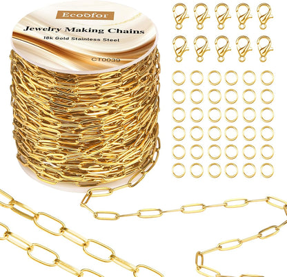 14k Gold Necklace Chain for Jewelry Making, 16.6 Feet Total (5 Rolls) DIY Bracelet Chains with 300 Jump Rings, 50 Lobster Clasps, 1 Jewelry Pliers,1 Support Ring and 50 Pendants