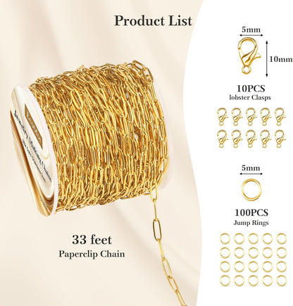 14k Gold Necklace Chain for Jewelry Making, 16.6 Feet Total (5 Rolls) DIY Bracelet Chains with 300 Jump Rings, 50 Lobster Clasps, 1 Jewelry Pliers,1 Support Ring and 50 Pendants