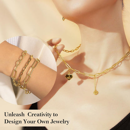 14k Gold Necklace Chain for Jewelry Making, 16.6 Feet Total (5 Rolls) DIY Bracelet Chains with 300 Jump Rings, 50 Lobster Clasps, 1 Jewelry Pliers,1 Support Ring and 50 Pendants