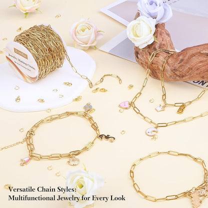 14k Gold Necklace Chain for Jewelry Making, 16.6 Feet Total (5 Rolls) DIY Bracelet Chains with 300 Jump Rings, 50 Lobster Clasps, 1 Jewelry Pliers,1 Support Ring and 50 Pendants