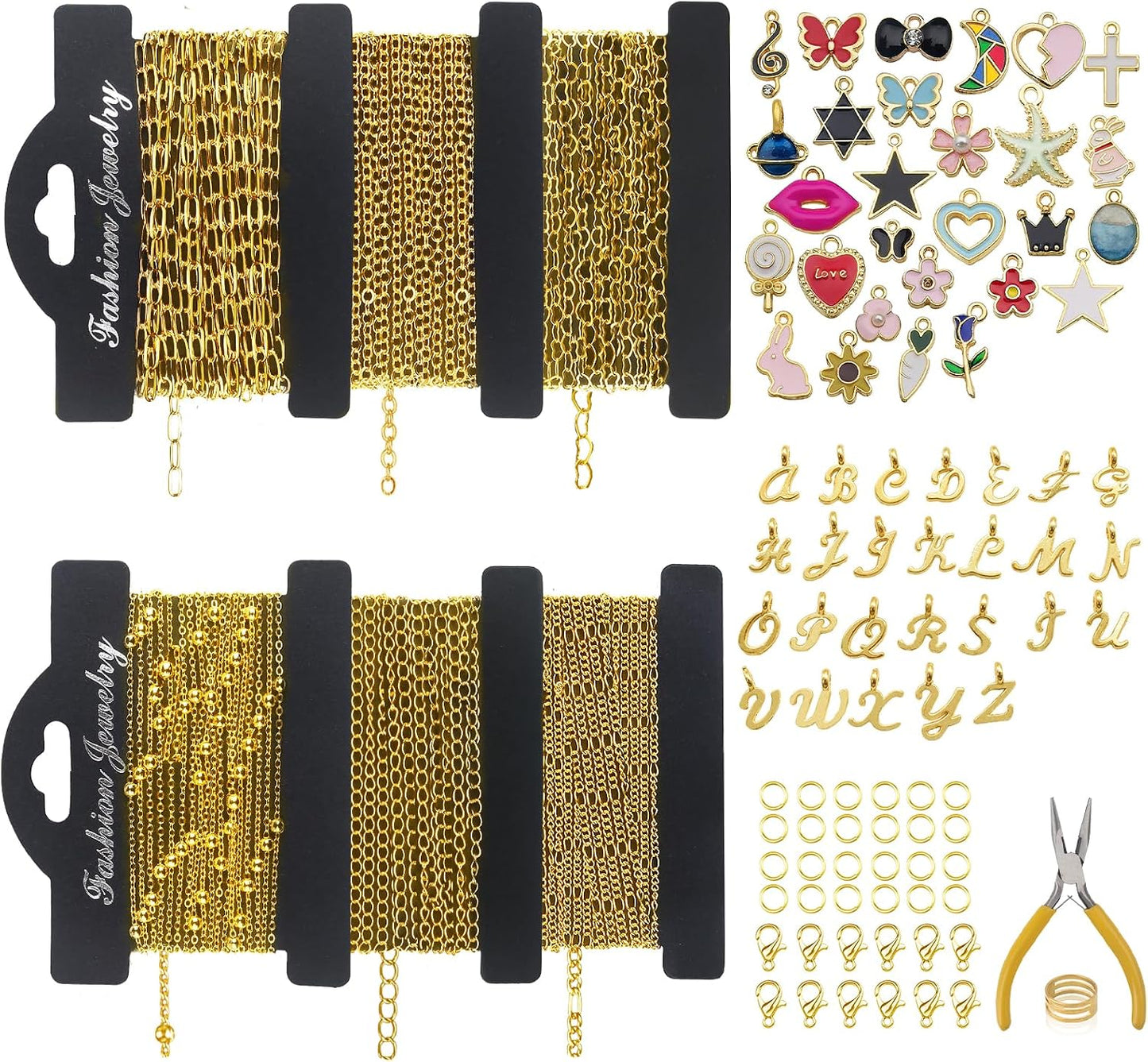 14k Gold Necklace Chain for Jewelry Making, 16.6 Feet Total (5 Rolls) DIY Bracelet Chains with 300 Jump Rings, 50 Lobster Clasps, 1 Jewelry Pliers,1 Support Ring and 50 Pendants