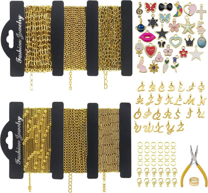 14k Gold Necklace Chain for Jewelry Making, 16.6 Feet Total (5 Rolls) DIY Bracelet Chains with 300 Jump Rings, 50 Lobster Clasps, 1 Jewelry Pliers,1 Support Ring and 50 Pendants