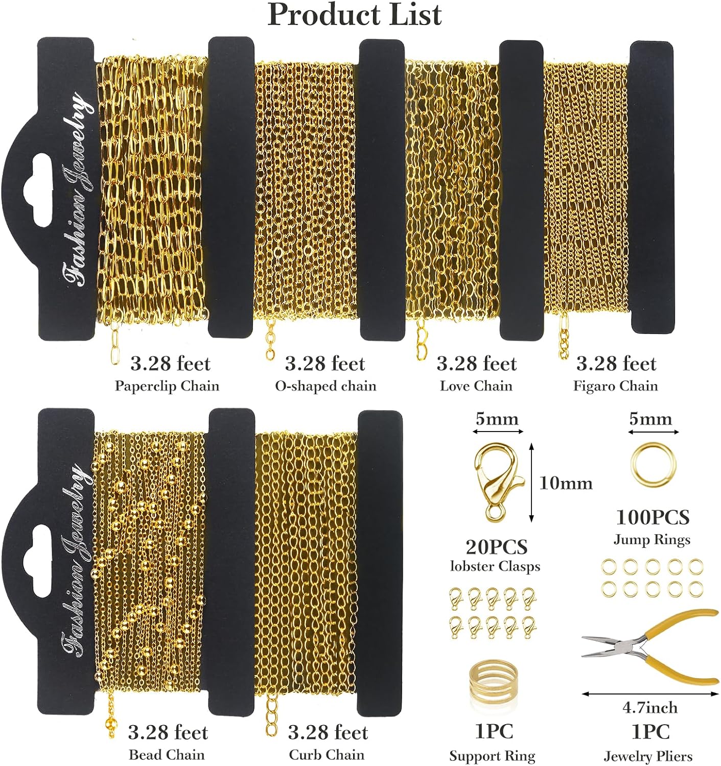 14k Gold Necklace Chain for Jewelry Making, 16.6 Feet Total (5 Rolls) DIY Bracelet Chains with 300 Jump Rings, 50 Lobster Clasps, 1 Jewelry Pliers,1 Support Ring and 50 Pendants
