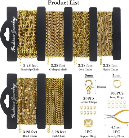 14k Gold Necklace Chain for Jewelry Making, 16.6 Feet Total (5 Rolls) DIY Bracelet Chains with 300 Jump Rings, 50 Lobster Clasps, 1 Jewelry Pliers,1 Support Ring and 50 Pendants