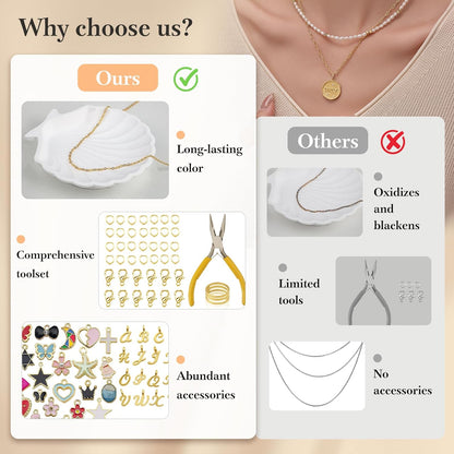14k Gold Necklace Chain for Jewelry Making, 16.6 Feet Total (5 Rolls) DIY Bracelet Chains with 300 Jump Rings, 50 Lobster Clasps, 1 Jewelry Pliers,1 Support Ring and 50 Pendants