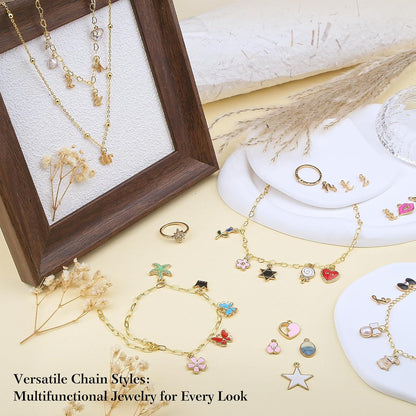 14k Gold Necklace Chain for Jewelry Making, 16.6 Feet Total (5 Rolls) DIY Bracelet Chains with 300 Jump Rings, 50 Lobster Clasps, 1 Jewelry Pliers,1 Support Ring and 50 Pendants