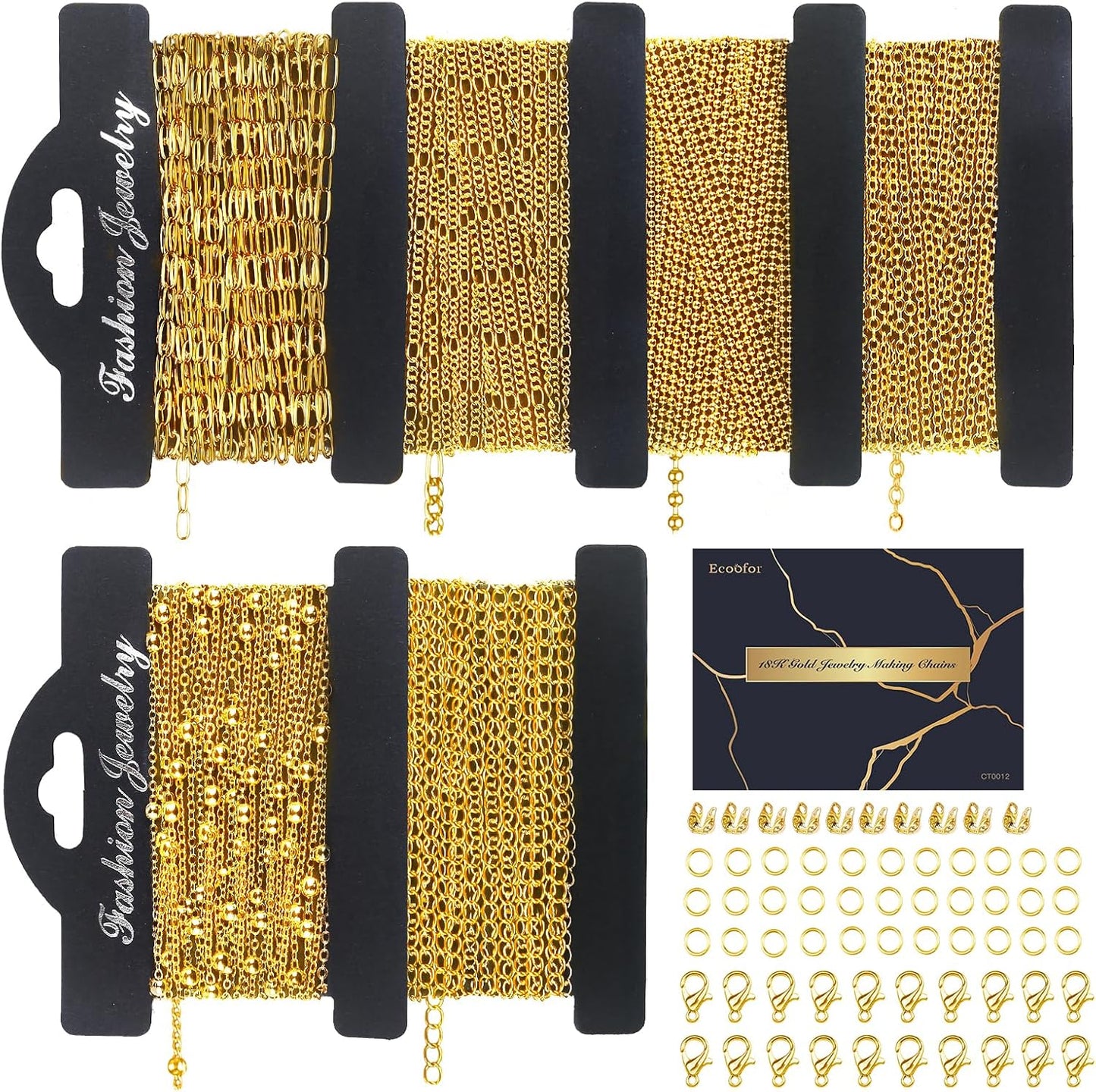 14k Gold Necklace Chain for Jewelry Making, 16.6 Feet Total (5 Rolls) DIY Bracelet Chains with 300 Jump Rings, 50 Lobster Clasps, 1 Jewelry Pliers,1 Support Ring and 50 Pendants