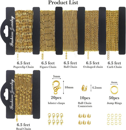 14k Gold Necklace Chain for Jewelry Making, 16.6 Feet Total (5 Rolls) DIY Bracelet Chains with 300 Jump Rings, 50 Lobster Clasps, 1 Jewelry Pliers,1 Support Ring and 50 Pendants