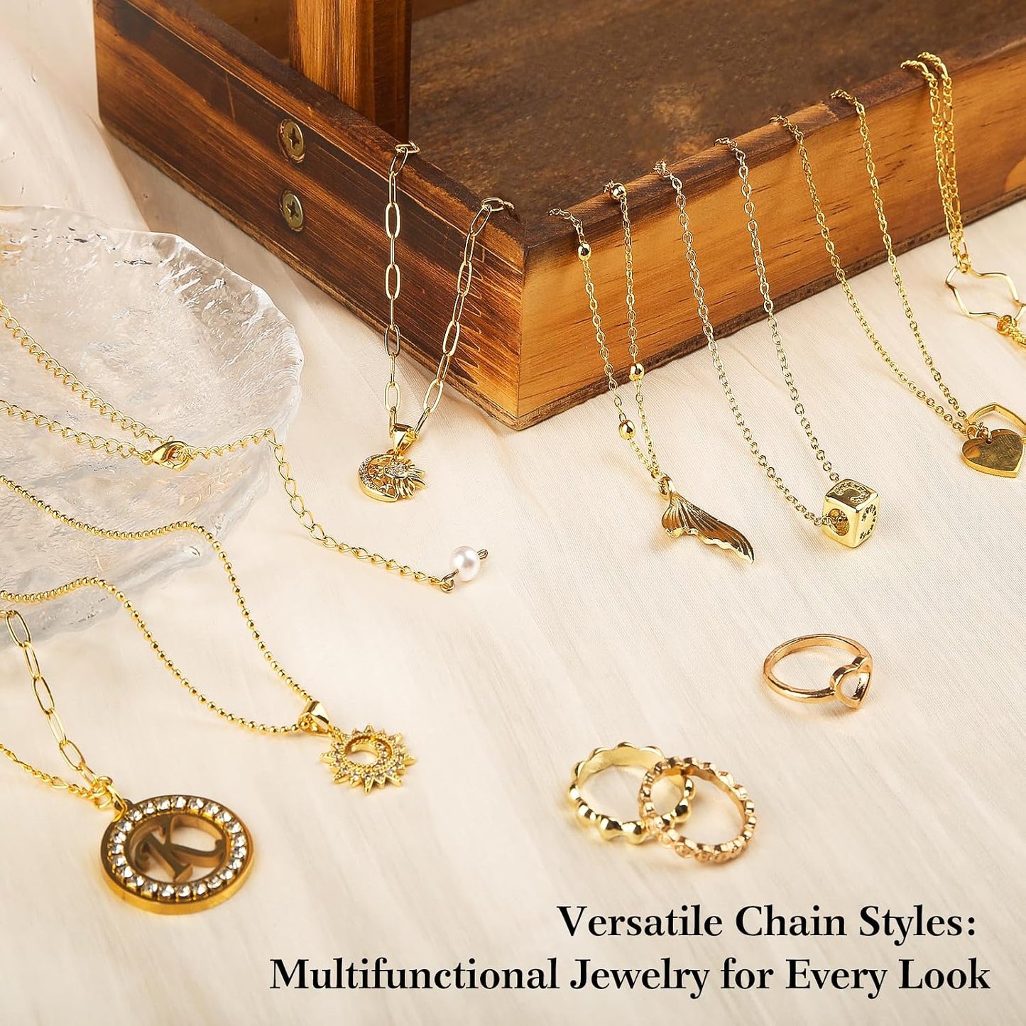 14k Gold Necklace Chain for Jewelry Making, 16.6 Feet Total (5 Rolls) DIY Bracelet Chains with 300 Jump Rings, 50 Lobster Clasps, 1 Jewelry Pliers,1 Support Ring and 50 Pendants
