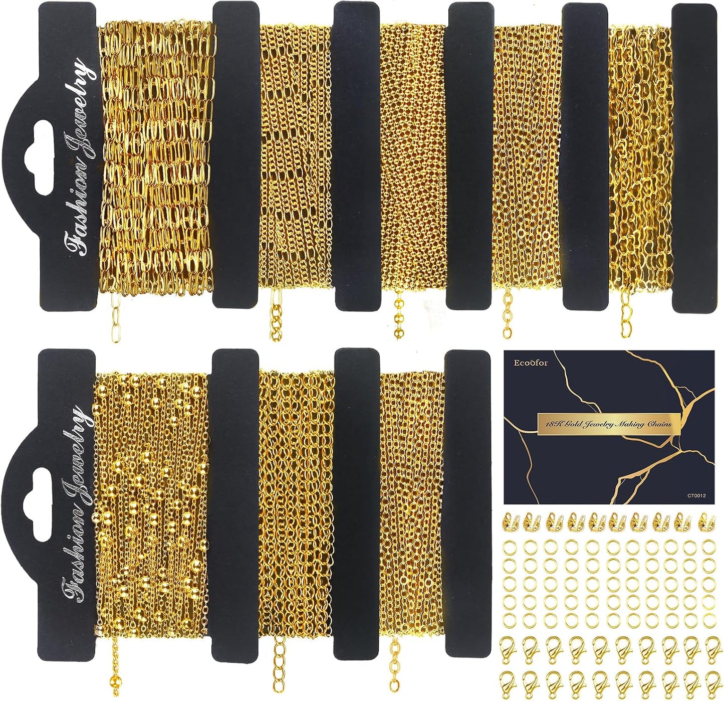 14k Gold Necklace Chain for Jewelry Making, 16.6 Feet Total (5 Rolls) DIY Bracelet Chains with 300 Jump Rings, 50 Lobster Clasps, 1 Jewelry Pliers,1 Support Ring and 50 Pendants
