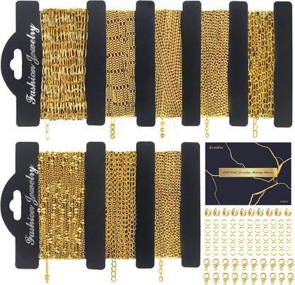 14k Gold Necklace Chain for Jewelry Making, 16.6 Feet Total (5 Rolls) DIY Bracelet Chains with 300 Jump Rings, 50 Lobster Clasps, 1 Jewelry Pliers,1 Support Ring and 50 Pendants