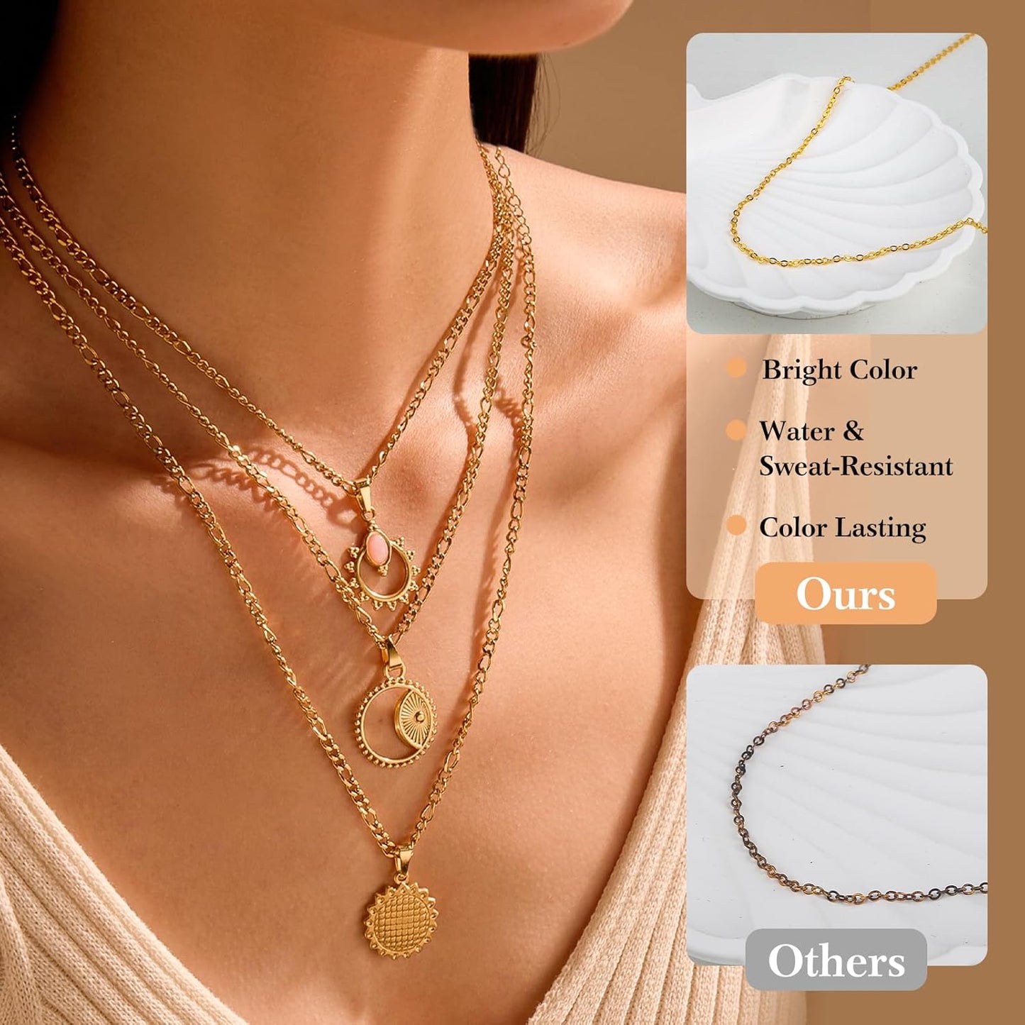 14k Gold Necklace Chain for Jewelry Making, 16.6 Feet Total (5 Rolls) DIY Bracelet Chains with 300 Jump Rings, 50 Lobster Clasps, 1 Jewelry Pliers,1 Support Ring and 50 Pendants