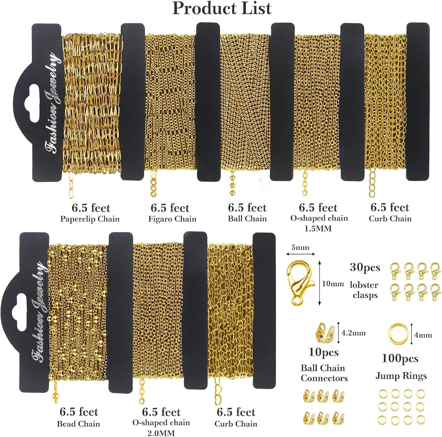 14k Gold Necklace Chain for Jewelry Making, 16.6 Feet Total (5 Rolls) DIY Bracelet Chains with 300 Jump Rings, 50 Lobster Clasps, 1 Jewelry Pliers,1 Support Ring and 50 Pendants