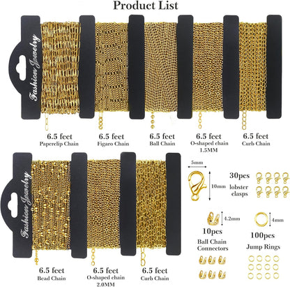 14k Gold Necklace Chain for Jewelry Making, 16.6 Feet Total (5 Rolls) DIY Bracelet Chains with 300 Jump Rings, 50 Lobster Clasps, 1 Jewelry Pliers,1 Support Ring and 50 Pendants