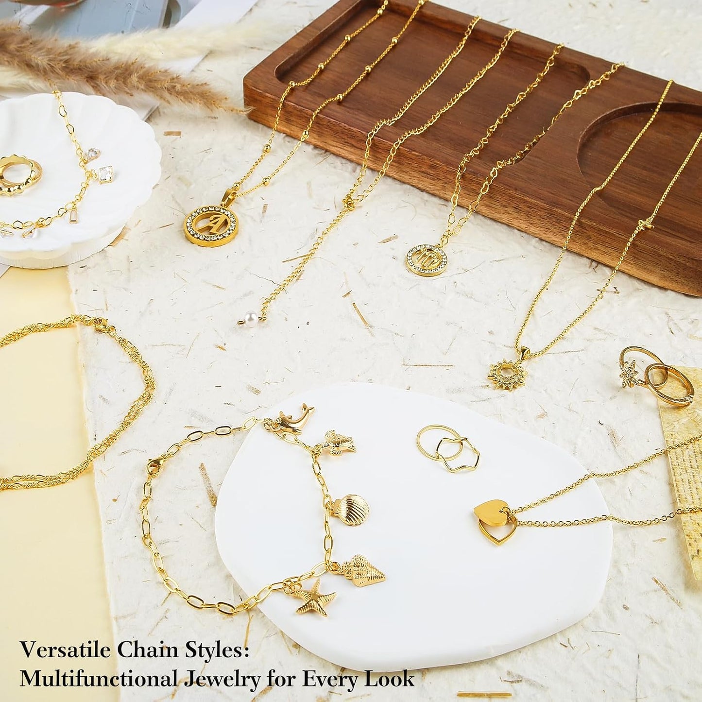 14k Gold Necklace Chain for Jewelry Making, 16.6 Feet Total (5 Rolls) DIY Bracelet Chains with 300 Jump Rings, 50 Lobster Clasps, 1 Jewelry Pliers,1 Support Ring and 50 Pendants