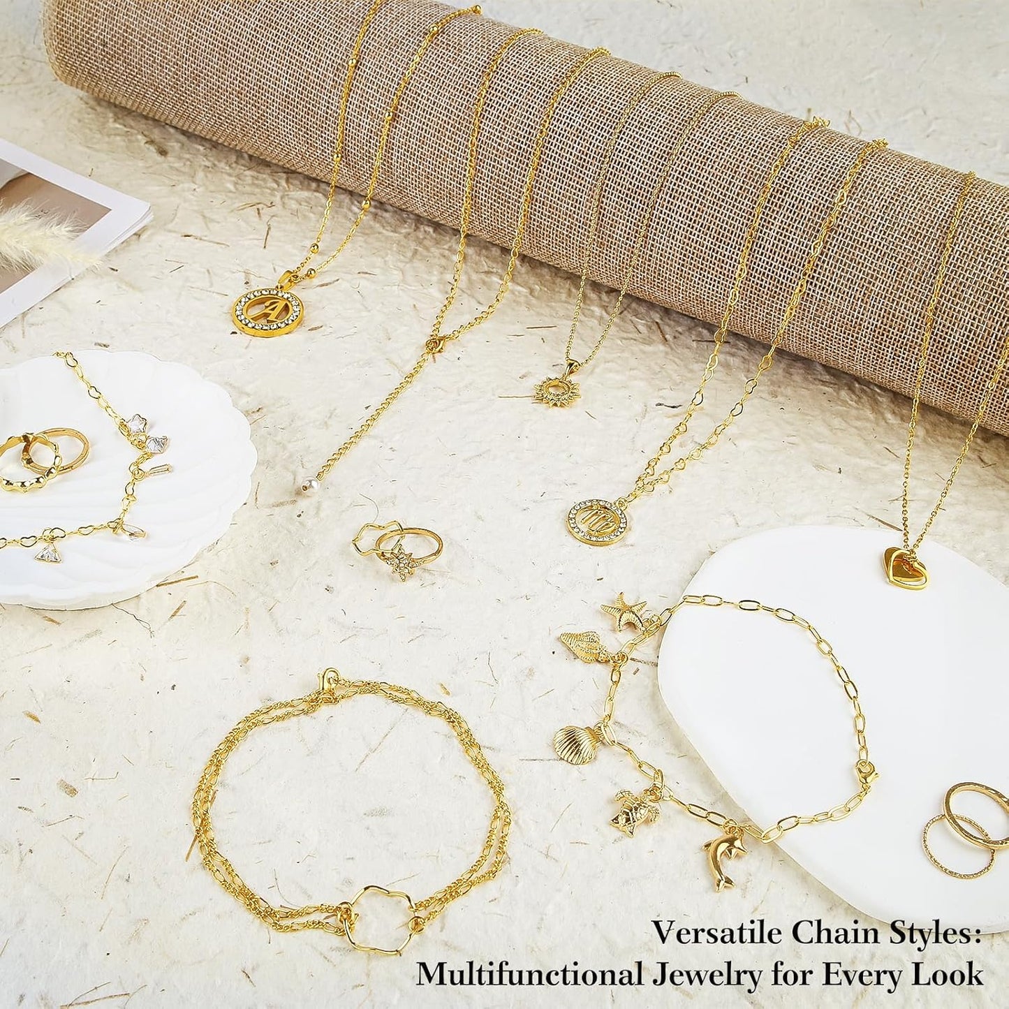 14k Gold Necklace Chain for Jewelry Making, 16.6 Feet Total (5 Rolls) DIY Bracelet Chains with 300 Jump Rings, 50 Lobster Clasps, 1 Jewelry Pliers,1 Support Ring and 50 Pendants