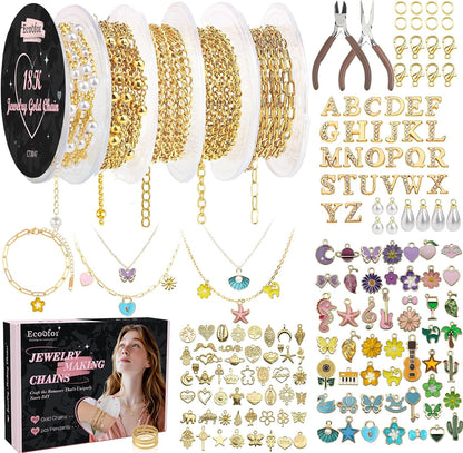 14k Gold Necklace Chain for Jewelry Making, 16.6 Feet Total (5 Rolls) DIY Bracelet Chains with 300 Jump Rings, 50 Lobster Clasps, 1 Jewelry Pliers,1 Support Ring and 50 Pendants
