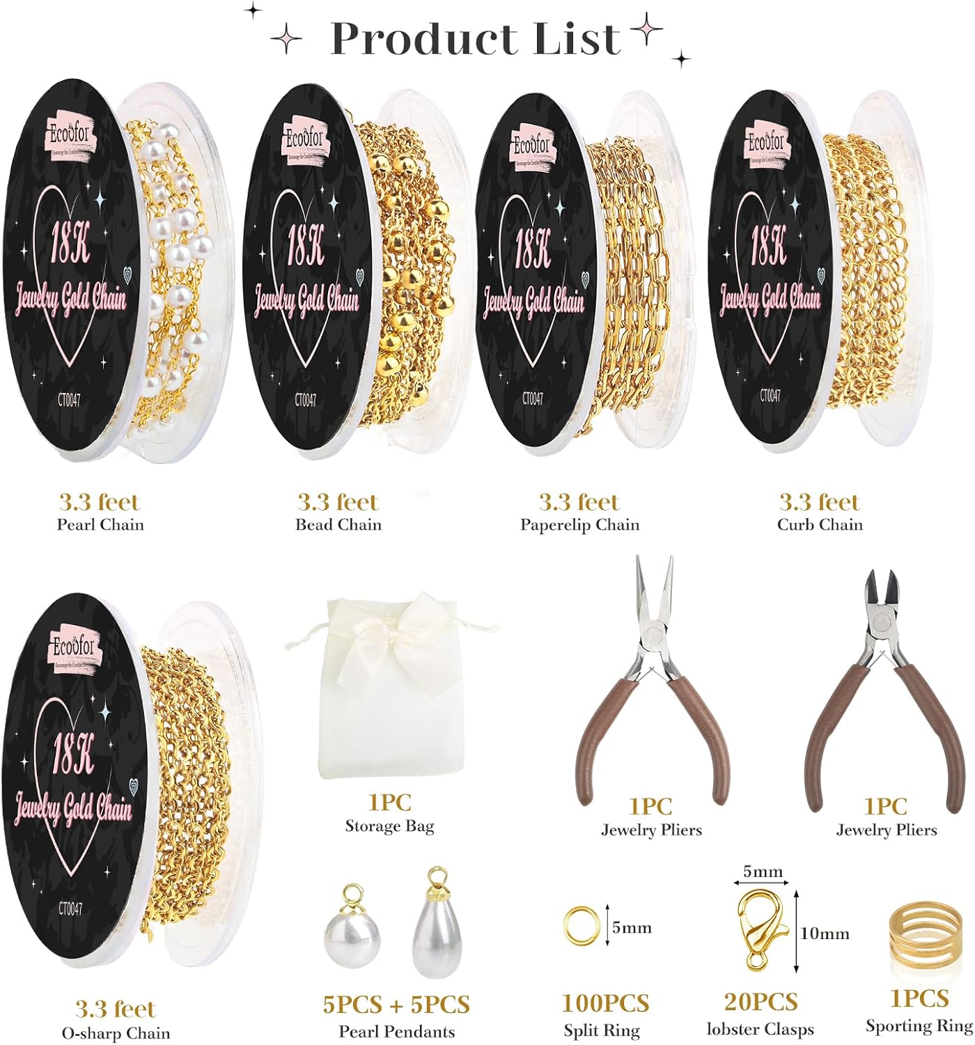 14k Gold Necklace Chain for Jewelry Making, 16.6 Feet Total (5 Rolls) DIY Bracelet Chains with 300 Jump Rings, 50 Lobster Clasps, 1 Jewelry Pliers,1 Support Ring and 50 Pendants