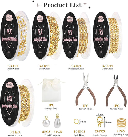 14k Gold Necklace Chain for Jewelry Making, 16.6 Feet Total (5 Rolls) DIY Bracelet Chains with 300 Jump Rings, 50 Lobster Clasps, 1 Jewelry Pliers,1 Support Ring and 50 Pendants