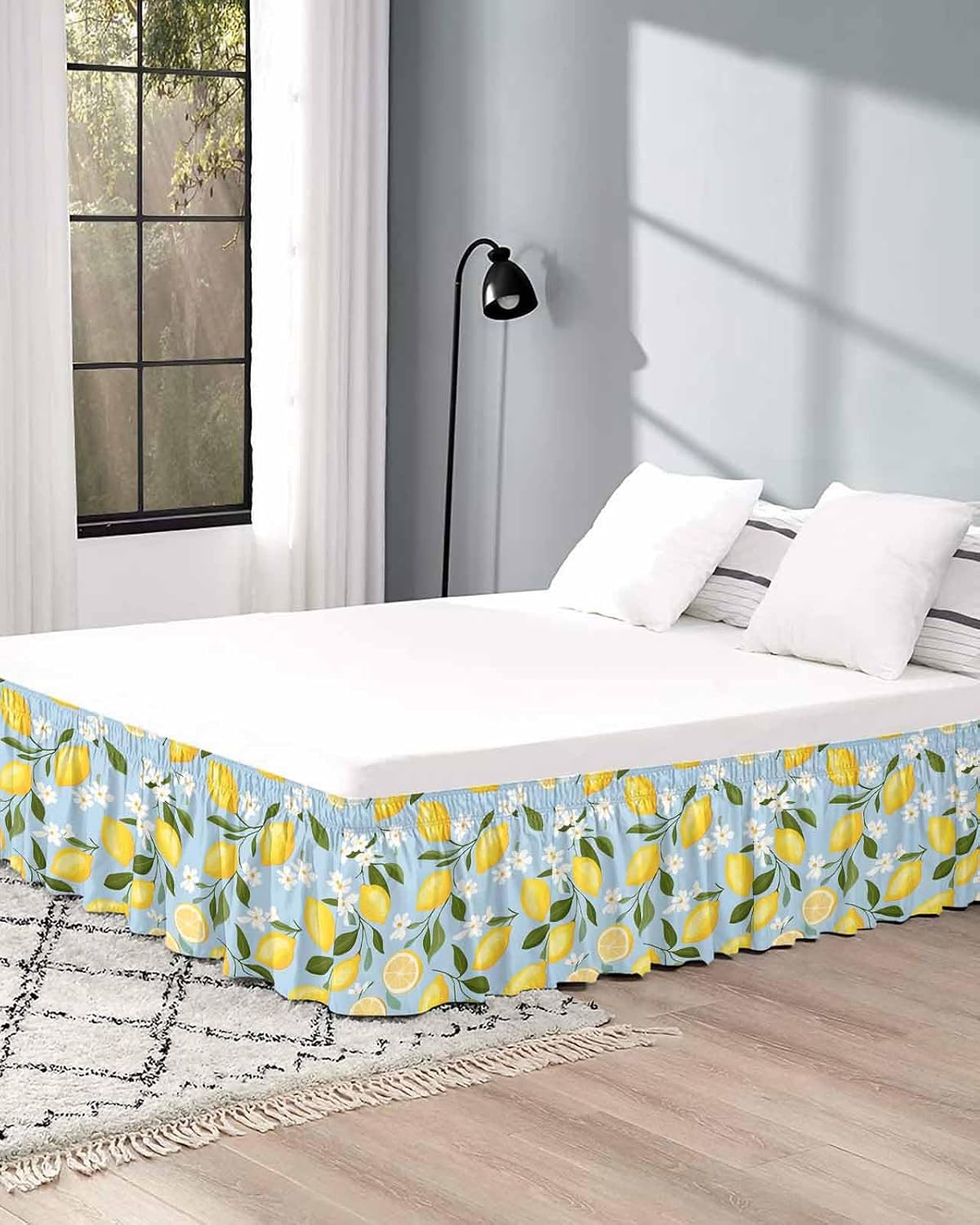 Yellow Lemon Bed Skirt Queen Size 16 Inch Drop, Adjustable Elastic Wrap Around Bed Skirts Easy Fitting Dust Ruffle Bedskirt Bed Frame Cover Spring Summer Floral Botanical