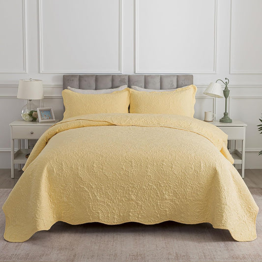Queen Size Quilt Sets - 3 Piece Queen Quilt Bedding Set Microfiber Quilt Set Lightweight Bedspreads Reversible Coverlets Retro Bed Cover Floral Bedding Set All Season Quilts-Yellow