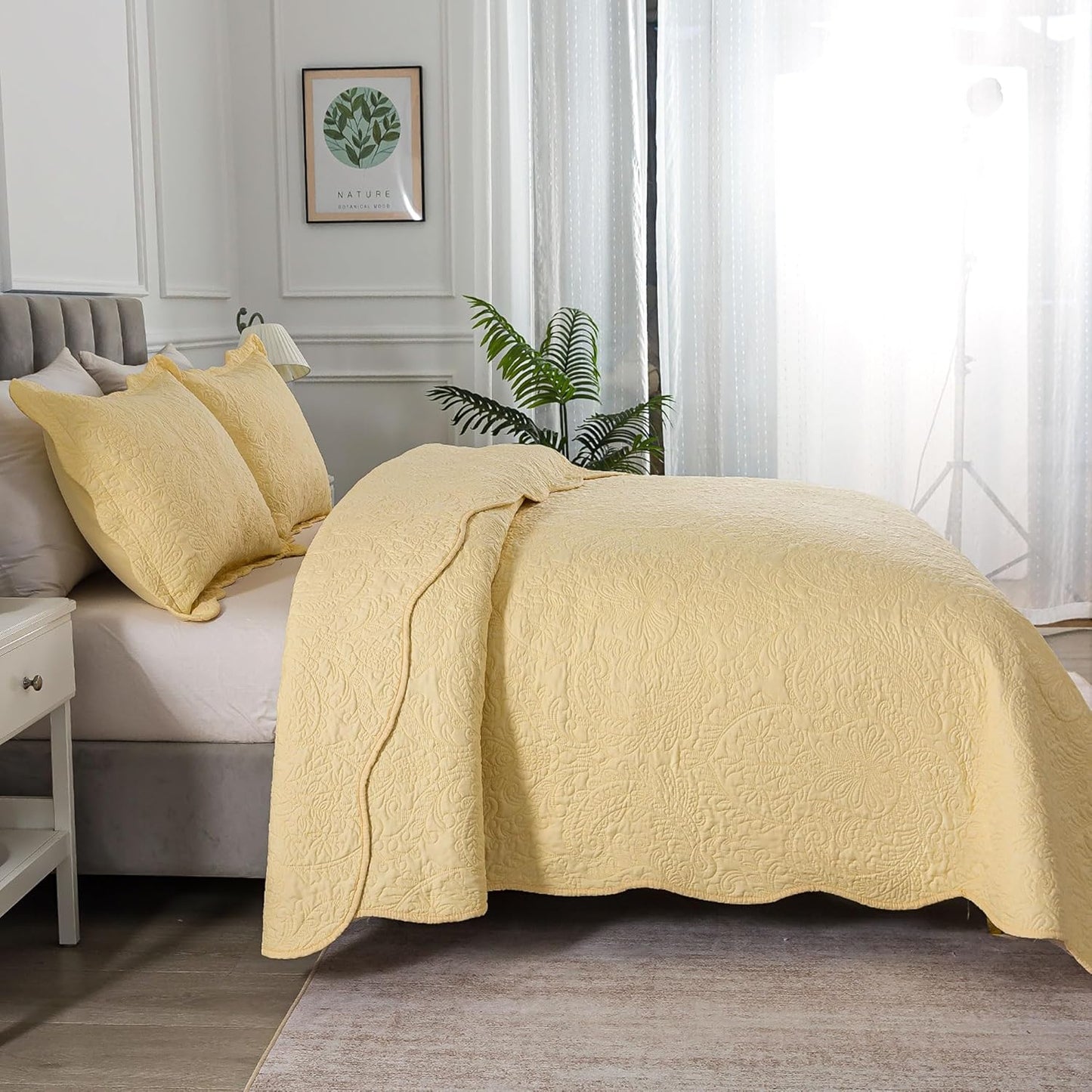 Queen Size Quilt Sets - 3 Piece Queen Quilt Bedding Set Microfiber Quilt Set Lightweight Bedspreads Reversible Coverlets Retro Bed Cover Floral Bedding Set All Season Quilts-Yellow