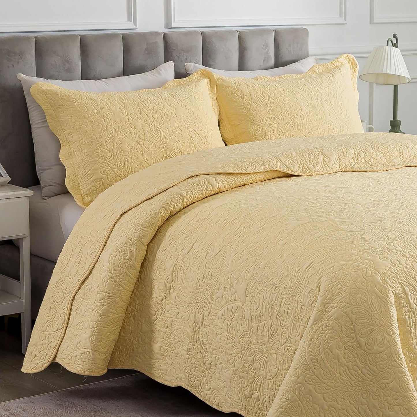 Queen Size Quilt Sets - 3 Piece Queen Quilt Bedding Set Microfiber Quilt Set Lightweight Bedspreads Reversible Coverlets Retro Bed Cover Floral Bedding Set All Season Quilts-Yellow