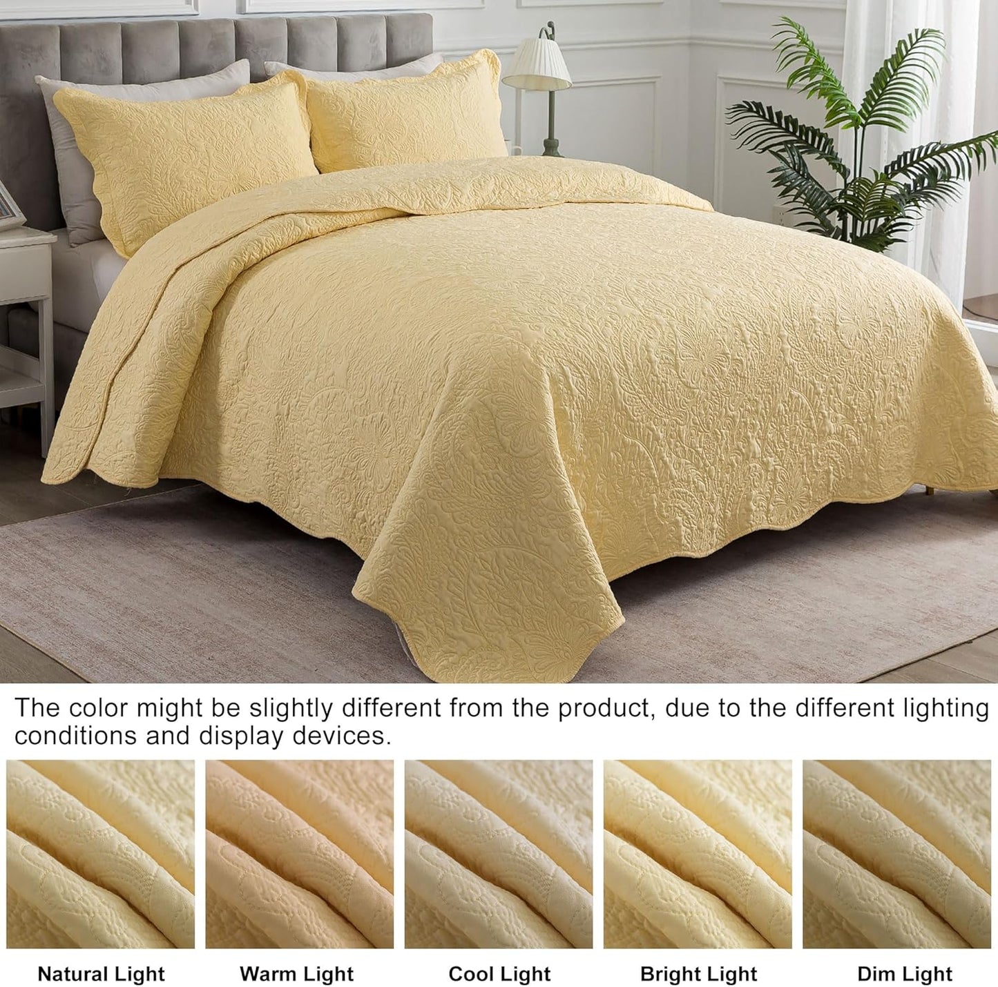 Queen Size Quilt Sets - 3 Piece Queen Quilt Bedding Set Microfiber Quilt Set Lightweight Bedspreads Reversible Coverlets Retro Bed Cover Floral Bedding Set All Season Quilts-Yellow