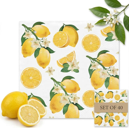40pcs Lemon Paper Napkins, 6.5x6.5 Inch Yellow Citrus Disposable Napkins for Lemon Themed Party, Tiles Lemons Napkin Decor for Kitchen Bathroom, Lemons Paper Placemats Supplies