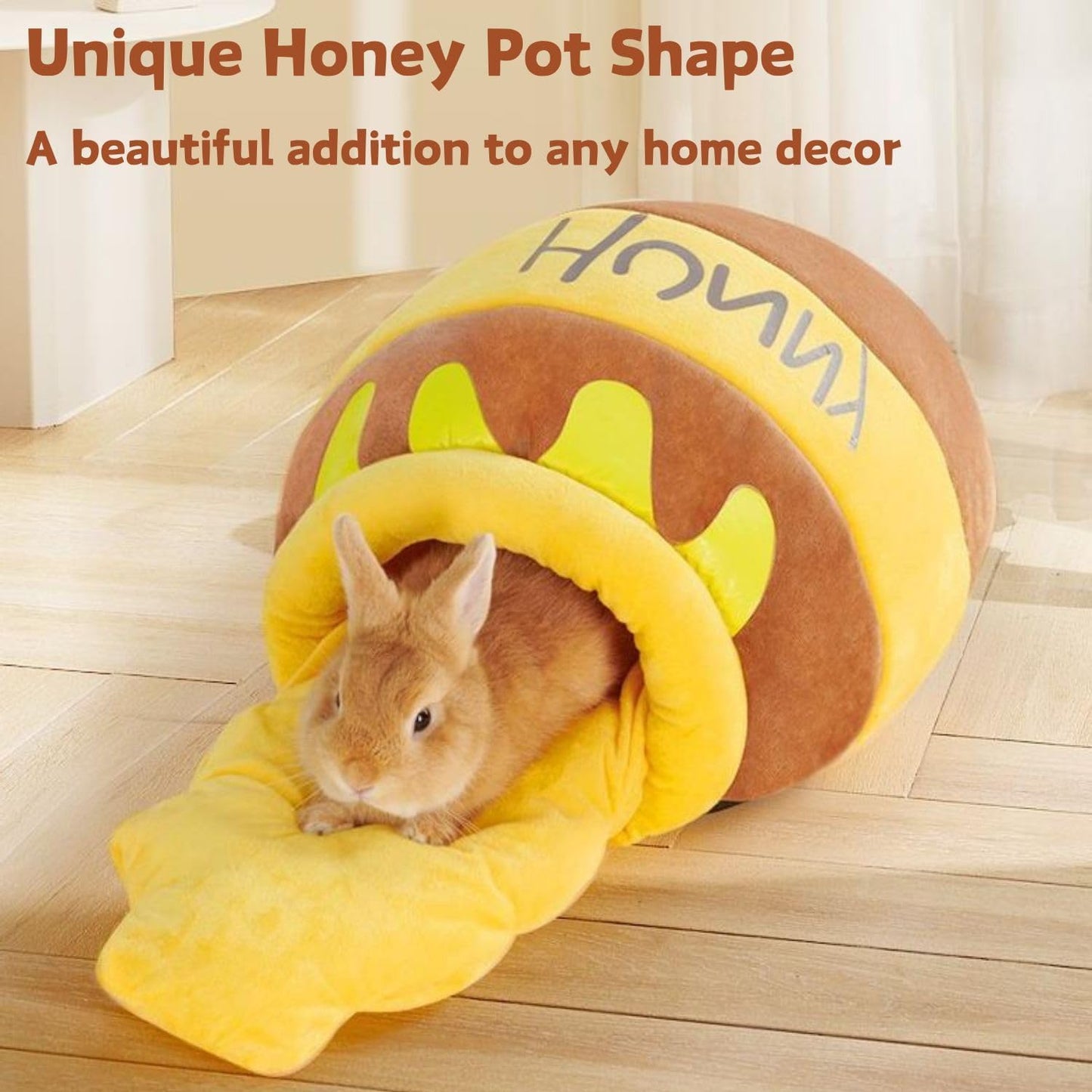 Rabbit Honeypot Bed House Bunny Hideout Warm Fleece Cuddle Cup Snuggle Sack with Removable Cushion Guinea Pig Hideout Sleeping Cave for Guinea Pig Ferret Chinchilla (Yellow)