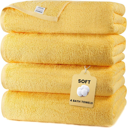 4-Pack Yellow Cotton Bath Towels with Hanging Loop, 55 x 27 Inch | Stock up for daily showers, guest bathrooms, pool use, and family wash-day rotation, OEKO-TEX certified, easy care