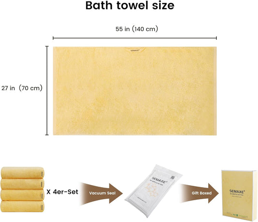 4-Pack Yellow Cotton Bath Towels with Hanging Loop, 55 x 27 Inch | Stock up for daily showers, guest bathrooms, pool use, and family wash-day rotation, OEKO-TEX certified, easy care