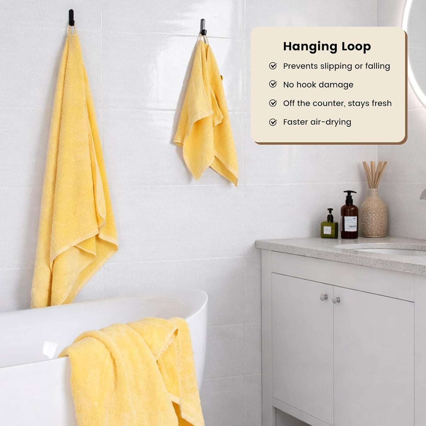 4-Pack Yellow Cotton Bath Towels with Hanging Loop, 55 x 27 Inch | Stock up for daily showers, guest bathrooms, pool use, and family wash-day rotation, OEKO-TEX certified, easy care
