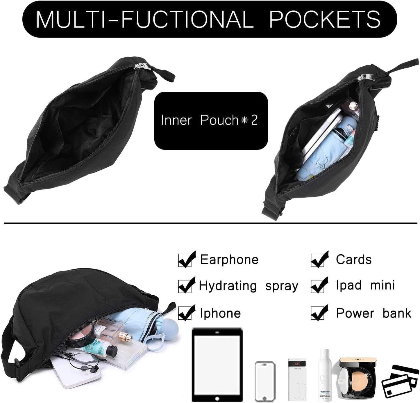BESMART Small Nylon Crescent Crossbody Bag for Women Men Trendy, Waterproof Crescent Sling, Lightweight Travel Purses