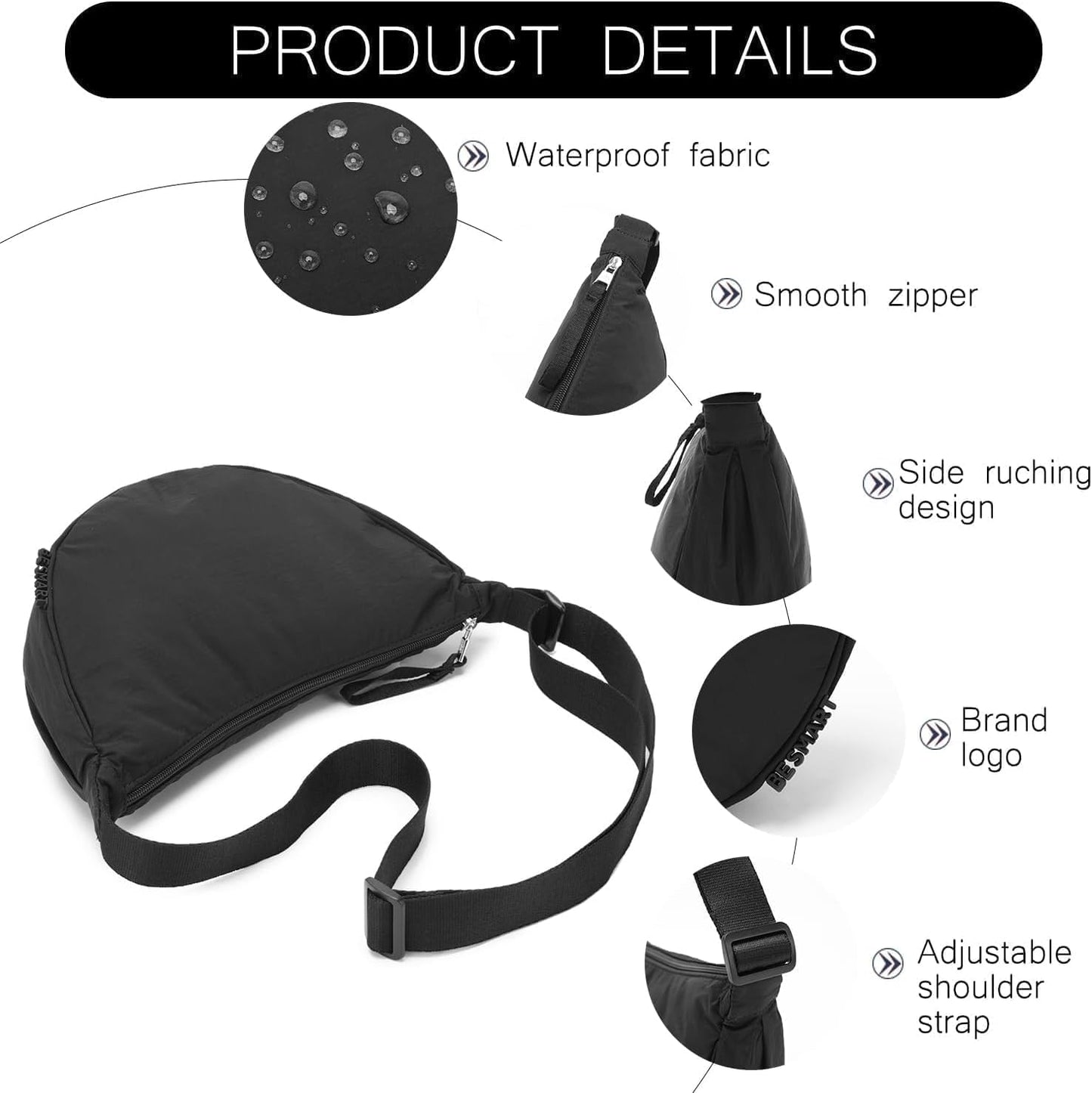 BESMART Small Nylon Crescent Crossbody Bag for Women Men Trendy, Waterproof Crescent Sling, Lightweight Travel Purses