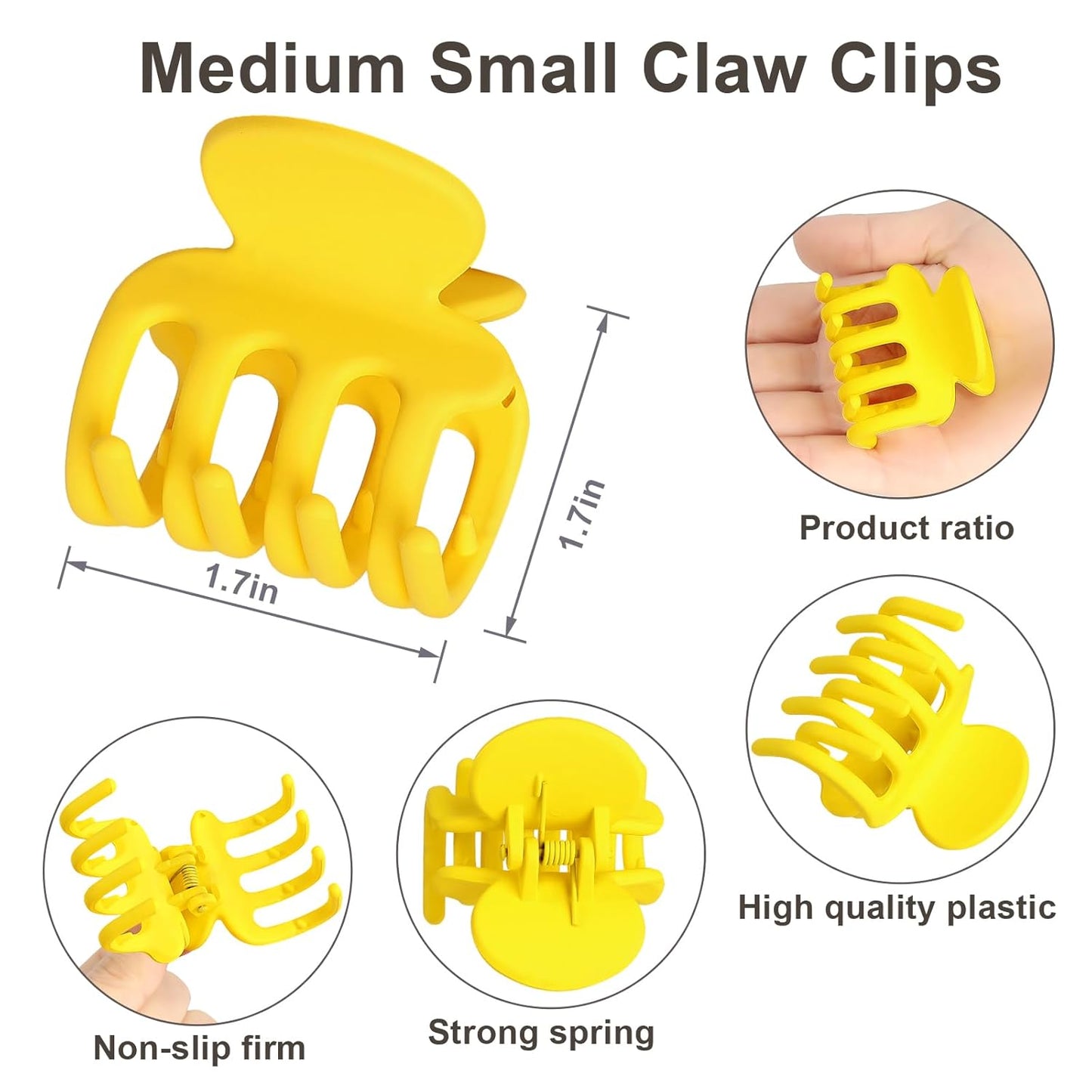 Small Matte Hair Claw Clips for Thin Hair, 6 Pack, Yellow | Matte non-slip grip for secure everyday styling, designed for women and girls with fine or thin hair