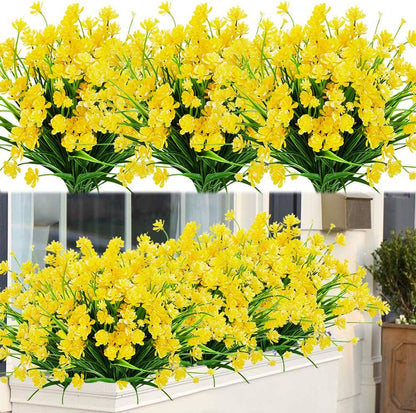 8 Bundles Outdoor Artificial Fake Flowers UV Resistant Shrubs Plants, Faux Plastic Greenery for Indoor Outside Hanging Plants Garden Porch Window Box Home Wedding Farmhouse Decor (Yellow)