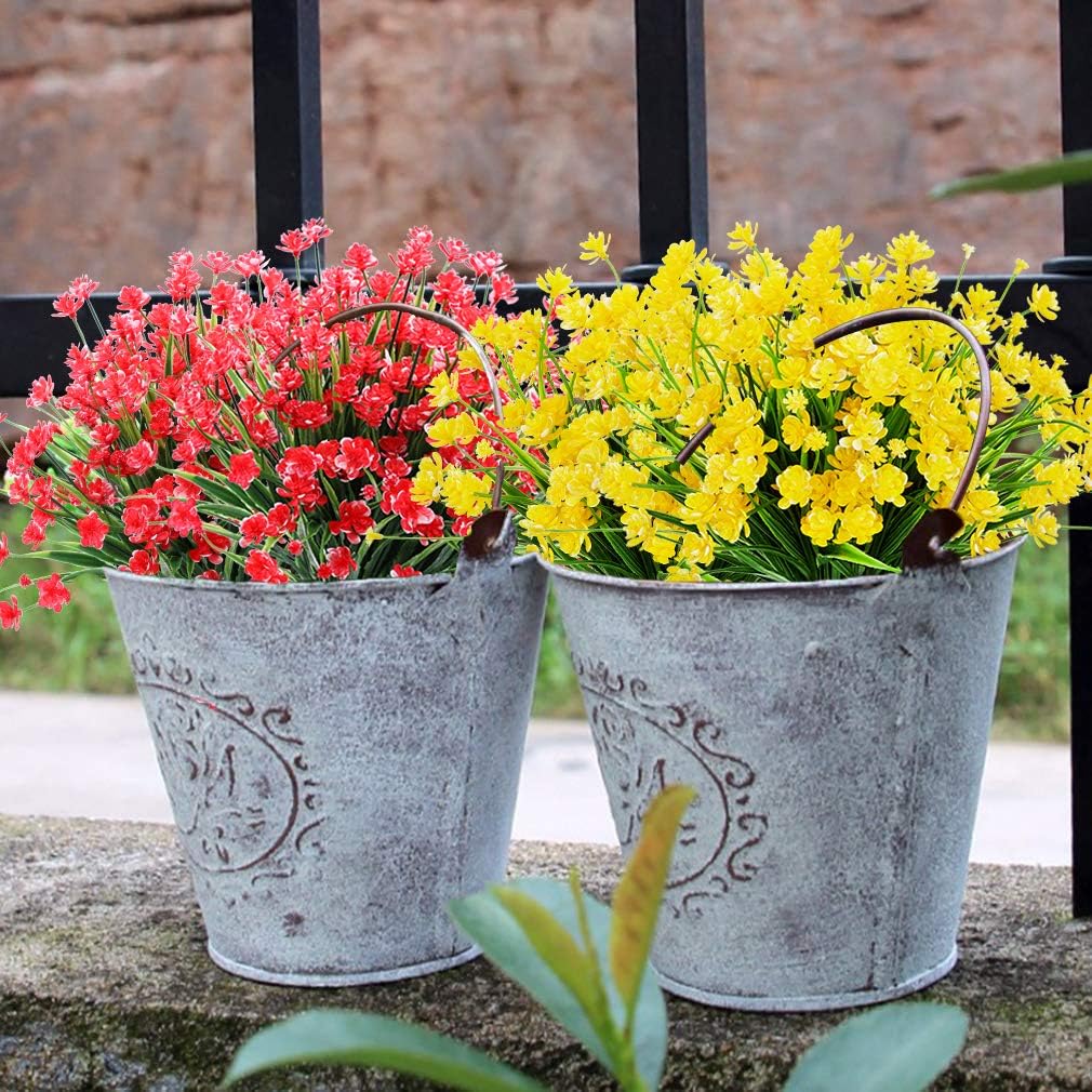 8 Bundles Outdoor Artificial Fake Flowers UV Resistant Shrubs Plants, Faux Plastic Greenery for Indoor Outside Hanging Plants Garden Porch Window Box Home Wedding Farmhouse Decor (Yellow)