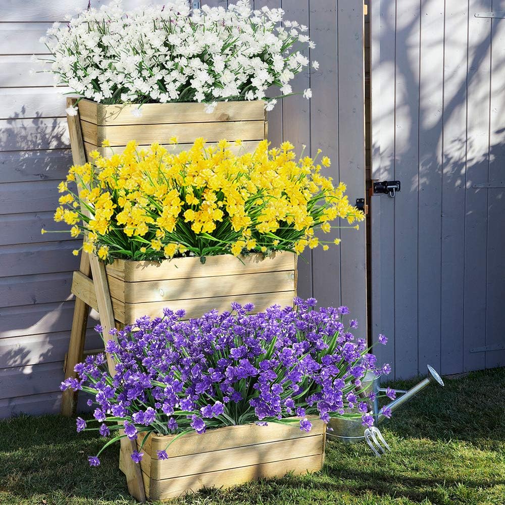 8 Bundles Outdoor Artificial Fake Flowers UV Resistant Shrubs Plants, Faux Plastic Greenery for Indoor Outside Hanging Plants Garden Porch Window Box Home Wedding Farmhouse Decor (Yellow)