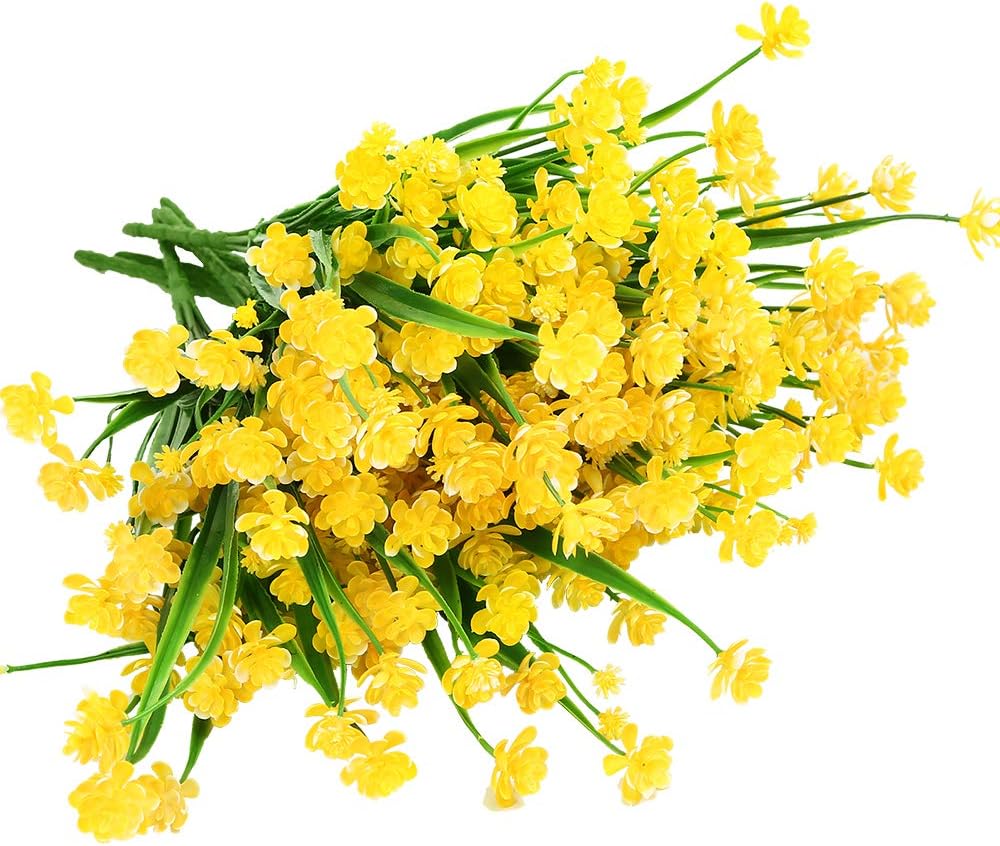 8 Bundles Outdoor Artificial Fake Flowers UV Resistant Shrubs Plants, Faux Plastic Greenery for Indoor Outside Hanging Plants Garden Porch Window Box Home Wedding Farmhouse Decor (Yellow)