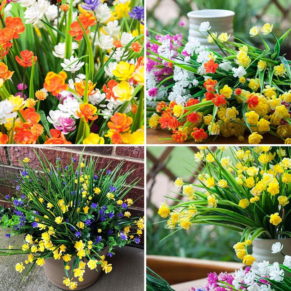 8 Bundles Outdoor Artificial Fake Flowers UV Resistant Shrubs Plants, Faux Plastic Greenery for Indoor Outside Hanging Plants Garden Porch Window Box Home Wedding Farmhouse Decor (Yellow)