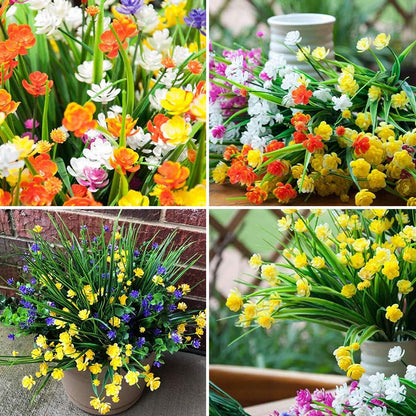 8 Bundles Outdoor Artificial Fake Flowers UV Resistant Shrubs Plants, Faux Plastic Greenery for Indoor Outside Hanging Plants Garden Porch Window Box Home Wedding Farmhouse Decor (Yellow)