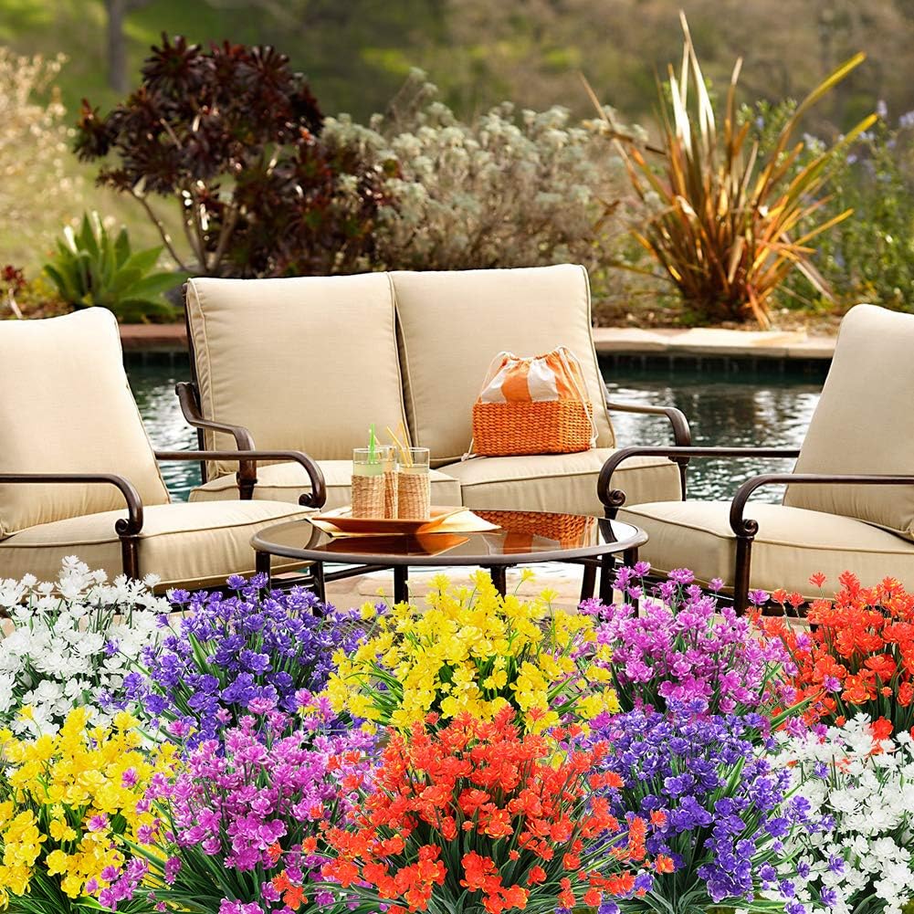 8 Bundles Outdoor Artificial Fake Flowers UV Resistant Shrubs Plants, Faux Plastic Greenery for Indoor Outside Hanging Plants Garden Porch Window Box Home Wedding Farmhouse Decor (Yellow)