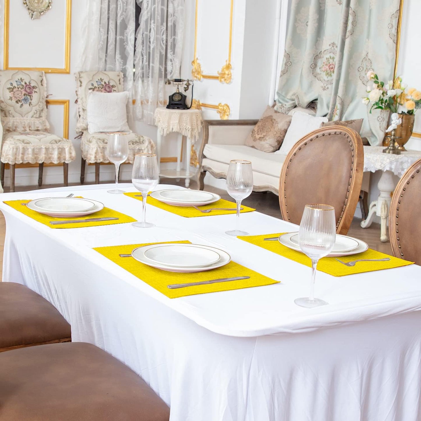 Cloth Yellow Placemats Set of 8, Linen Type Fabric Placemats Machine Washable Heat Resistant Placemats Polyester Place Mats for Halloween, Thanksgiving and Christmas Dining Table (Yellow)