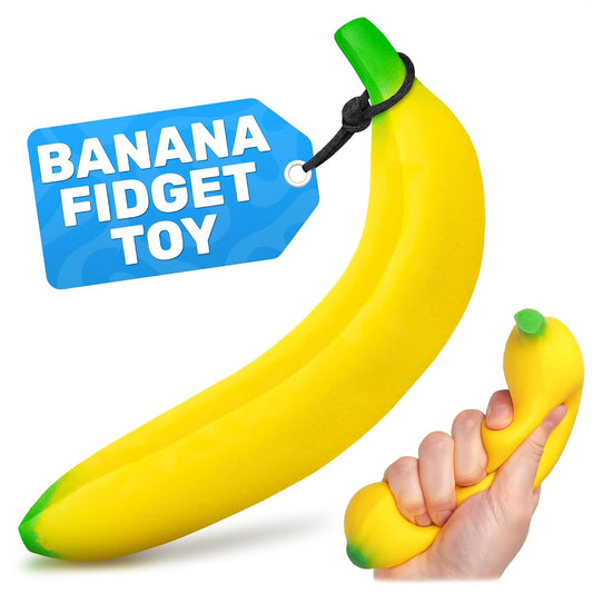 Banana Squishy, 6.7 x 1.4 in, Polyurethane Foam | Gag Gift for Coworkers & Roommates; Squishy Banana Fidget for Desk, Dorm & Backpack; Fake Fruit Prank; Returns Shape; Yellow
